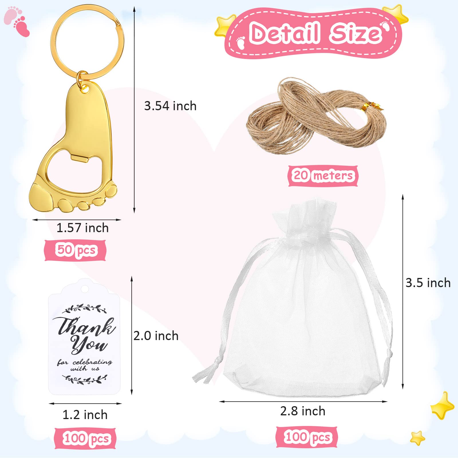 Laumoi 50 Pieces Baby Footprint Keychain Bottle Opener Baby Shower Party Favors Baby Shower Footprint Bottle Opener Supplies with Organza Bags and Thank Tags for Baby Party Souvenirs Gifts(Gold)