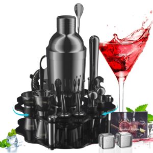carsolt bartender kit with rotatable stand, 19-piece bar set cocktail shaker set 25 oz martini shaker for drink mixing, professional stainless steel bar tools set gift for home, bar, party (black)