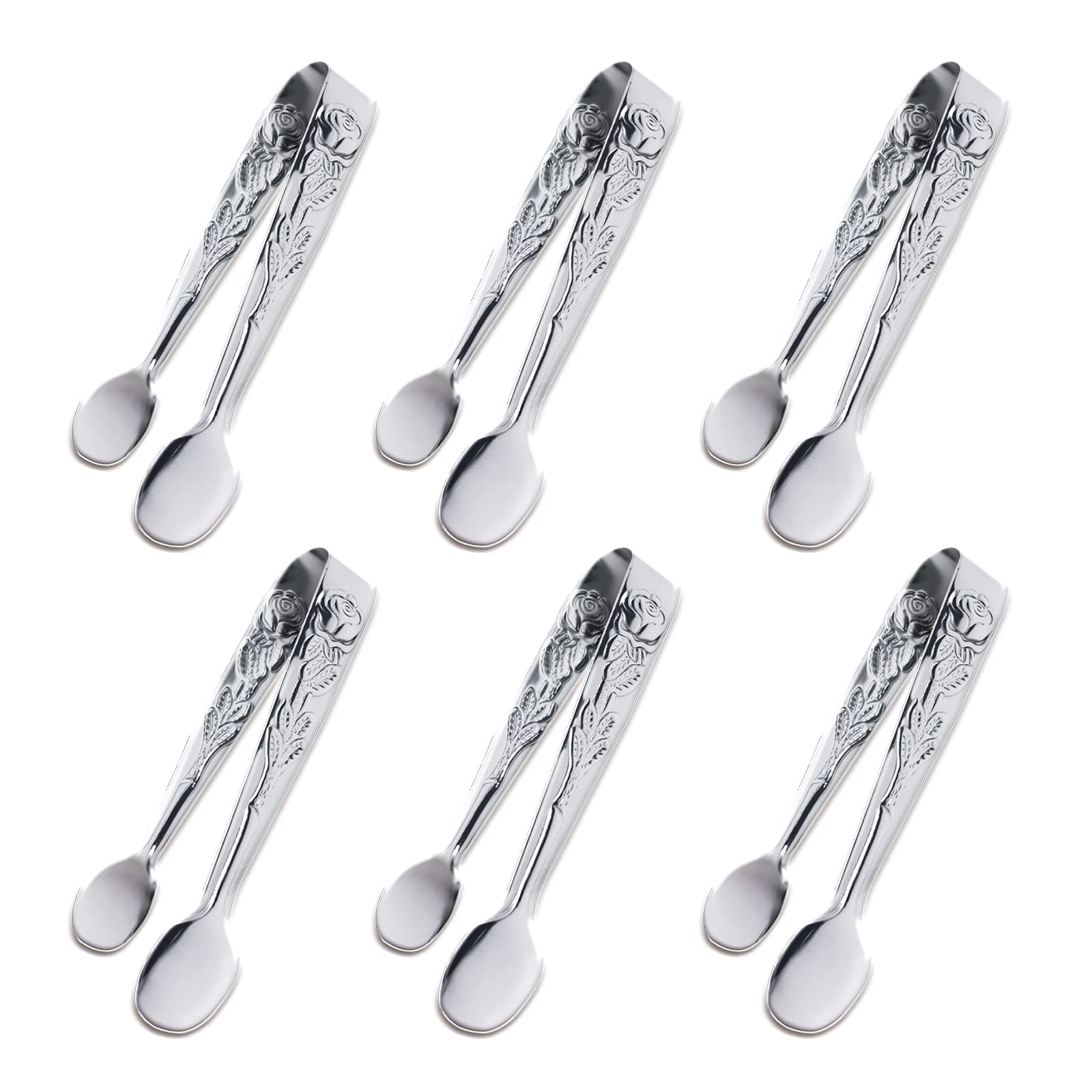 6PCS Mini Serving Tongs, 4Inch Rose Stainless Steel Sugar Cube Tongs, Sliver Small Ice Tongs for Tea and Coffee Party, Appetizers, Desserts by Sunenlyst (6PCS Silver)