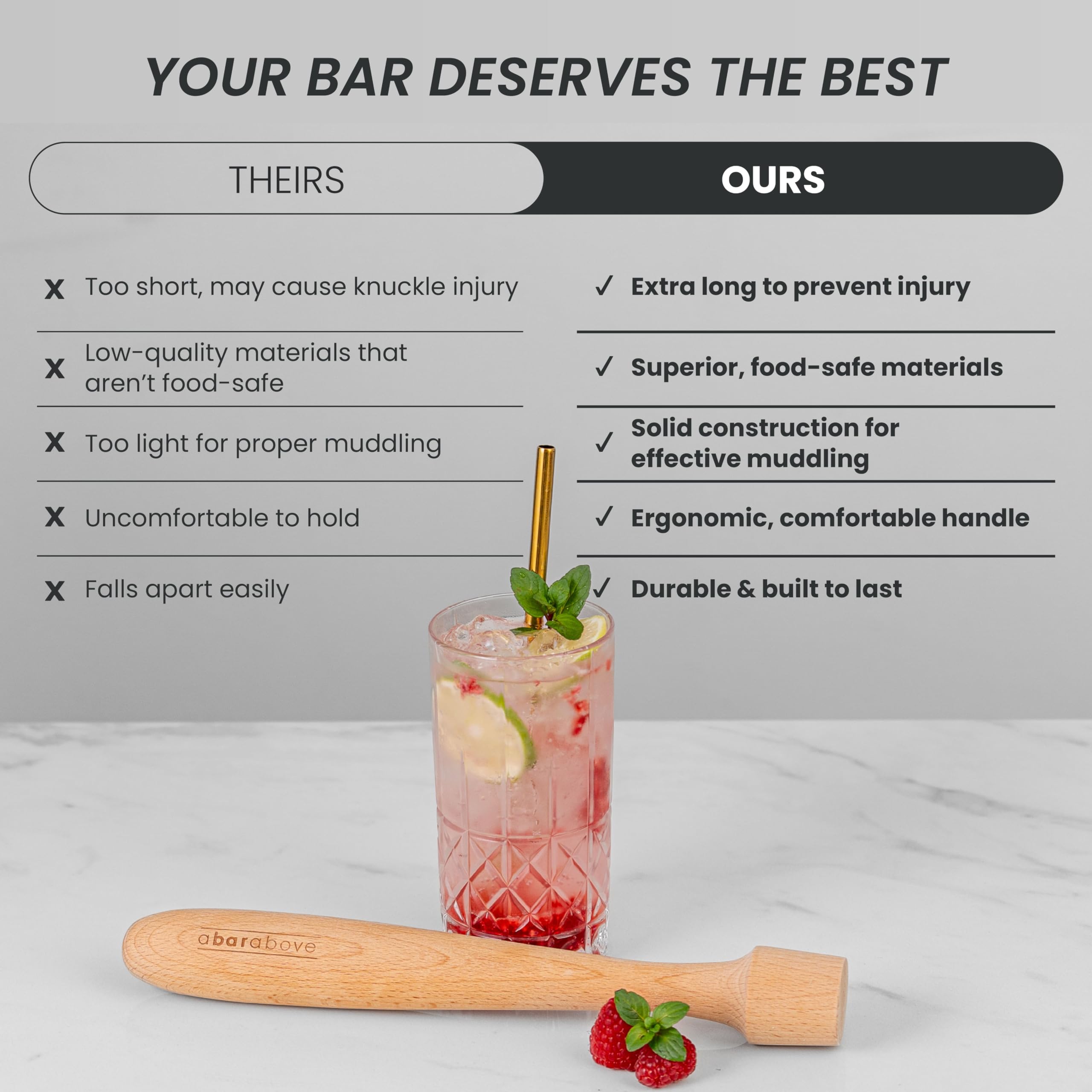 A Bar Above Wooden Muddler for Cocktails – 12-Inch-Long Cocktail Muddler Perfect for Crushing Fruit, Pressing Mint and Sugar Cubes – Mint Muddler for Mojitos – Essential Bar Tools for Cocktail Set