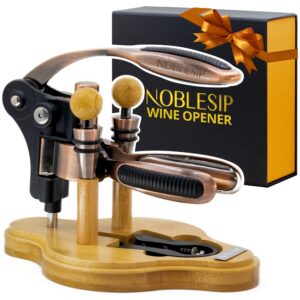manual rabbit wine opener [2023 upgraded] noblesip. easily removes natural and synthetic corks. lever corkscrew, the wine enthusiasts choice. designer gift box. improved rabbit opener (bronze single)