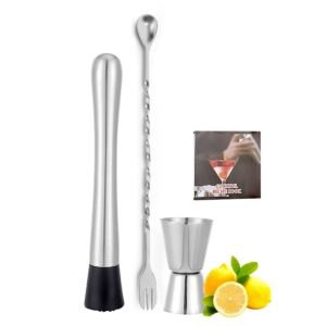 TNCO 8 inch Stainless Steel Muddler, Muddler For Cocktails With Cocktail Spoon and Jigger 0.5/1 OZ For Make Mojitos And Delicious Mixed Drinks