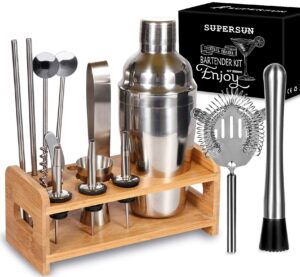 cocktail shaker set with stand, 15 piece bartender kit home bar accessories - martini shaker with built-in strainer, muddler, jigger, drink shaker 304 stainless steel, house warming gitfs new home