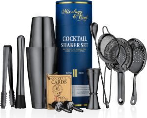 mixology & craft cocktail shaker set - 11-piece bar accessories kit w/weighted boston shaker, strainer, jigger, muddler and more - home bartending tools, accessories for bartender, black