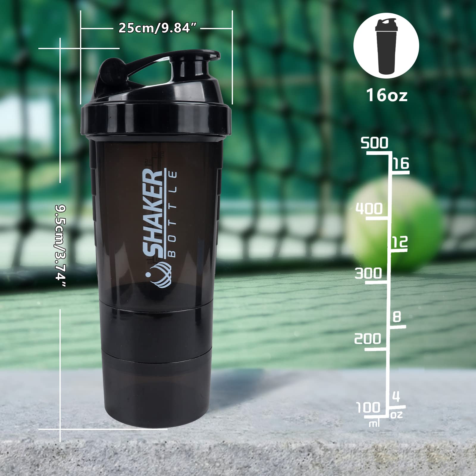 XTK Shaker Bottle 16OZ Protein Shaker Bottles with Mix Ball Portable Sports Water Bottle Leak Proof GYM Cup for Protein Mixes with Powder Storage & Pill Organizer, Idea for Pre Workout,BPA Free(black)