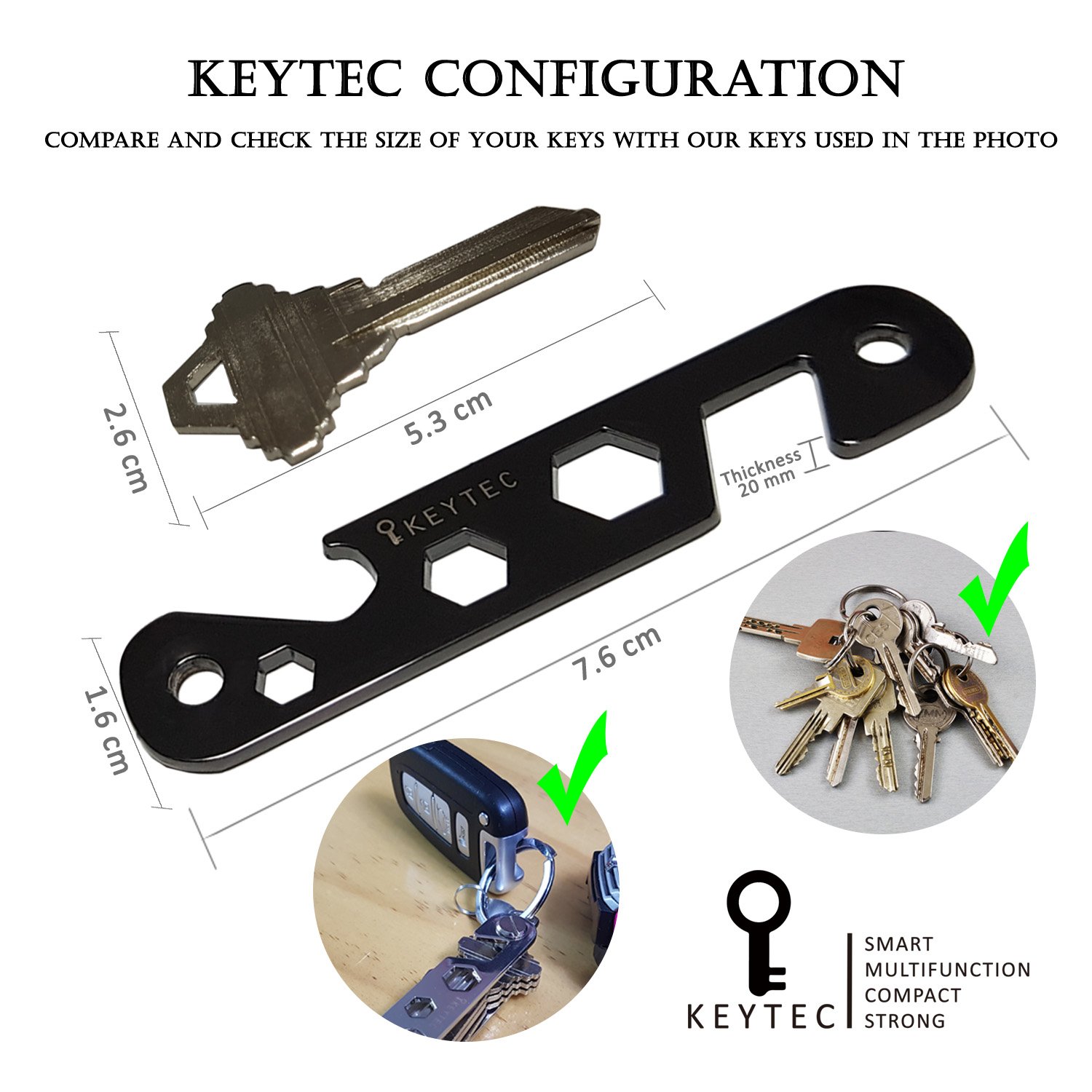 KEYTEC Compact Key Organizer (12-16 Keys) - Premium Key Holder with Built-in Tools - Bottle Opener/Phone Stand - Black Frame Plus Anti Loosening Washer - Great Gift (Black)