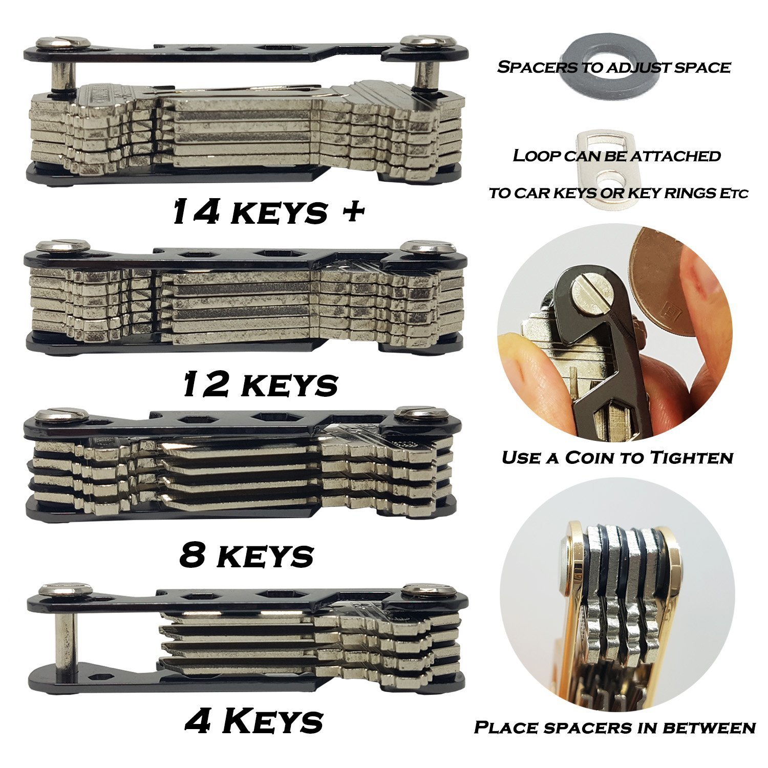 KEYTEC Compact Key Organizer (12-16 Keys) - Premium Key Holder with Built-in Tools - Bottle Opener/Phone Stand - Black Frame Plus Anti Loosening Washer - Great Gift (Black)
