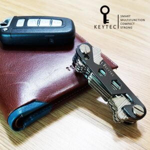 KEYTEC Compact Key Organizer (12-16 Keys) - Premium Key Holder with Built-in Tools - Bottle Opener/Phone Stand - Black Frame Plus Anti Loosening Washer - Great Gift (Black)