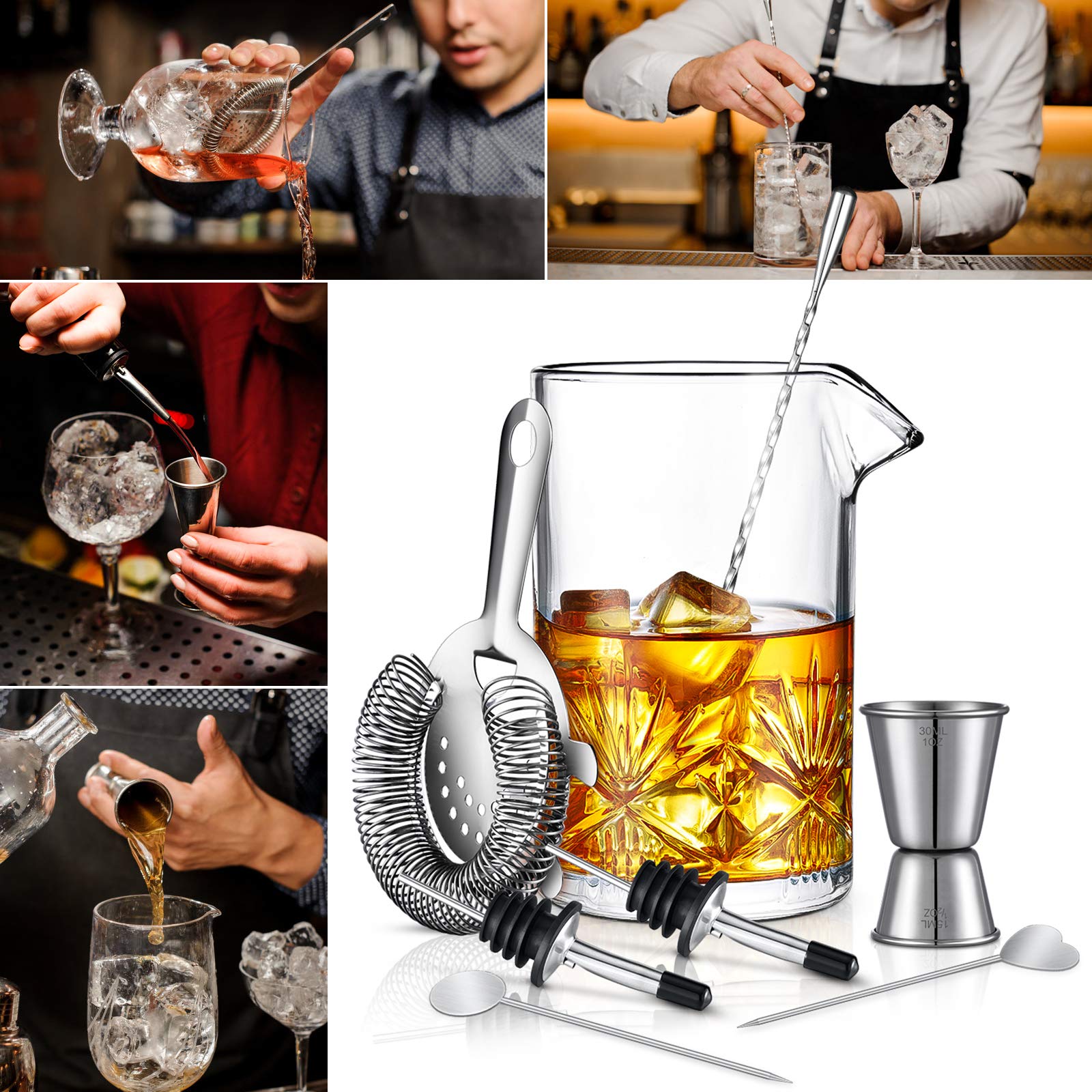 Cocktail Mixing Glass, veecom 18oz Crystal Mixing Glass Bartender Kit, 8 Piece Old Fashioned Cocktail Set with Strainer, Spoon, Jigger, Picks, Pourers, Bar Tools Cocktail Shaker Set (8 Pieces)