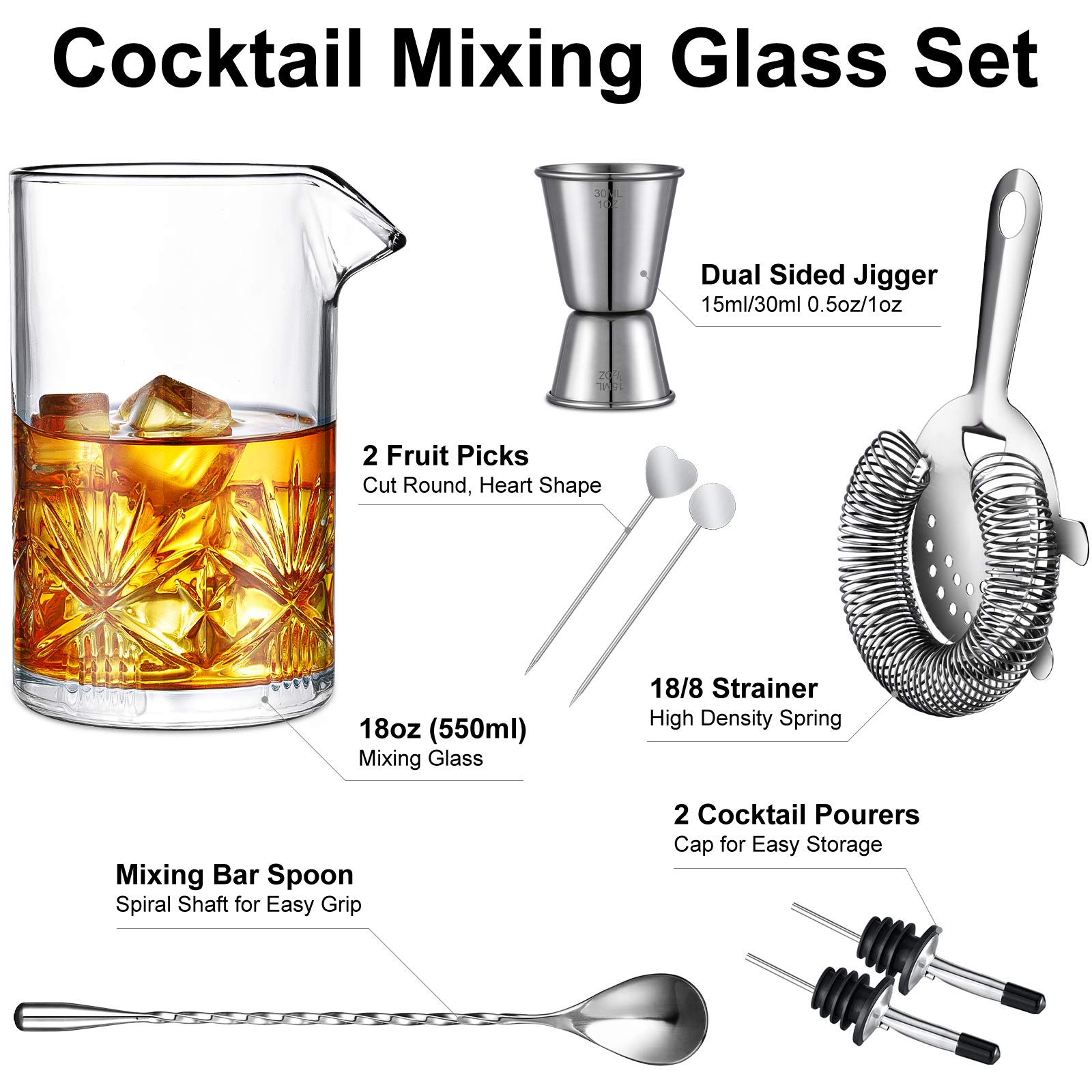 Cocktail Mixing Glass, veecom 18oz Crystal Mixing Glass Bartender Kit, 8 Piece Old Fashioned Cocktail Set with Strainer, Spoon, Jigger, Picks, Pourers, Bar Tools Cocktail Shaker Set (8 Pieces)