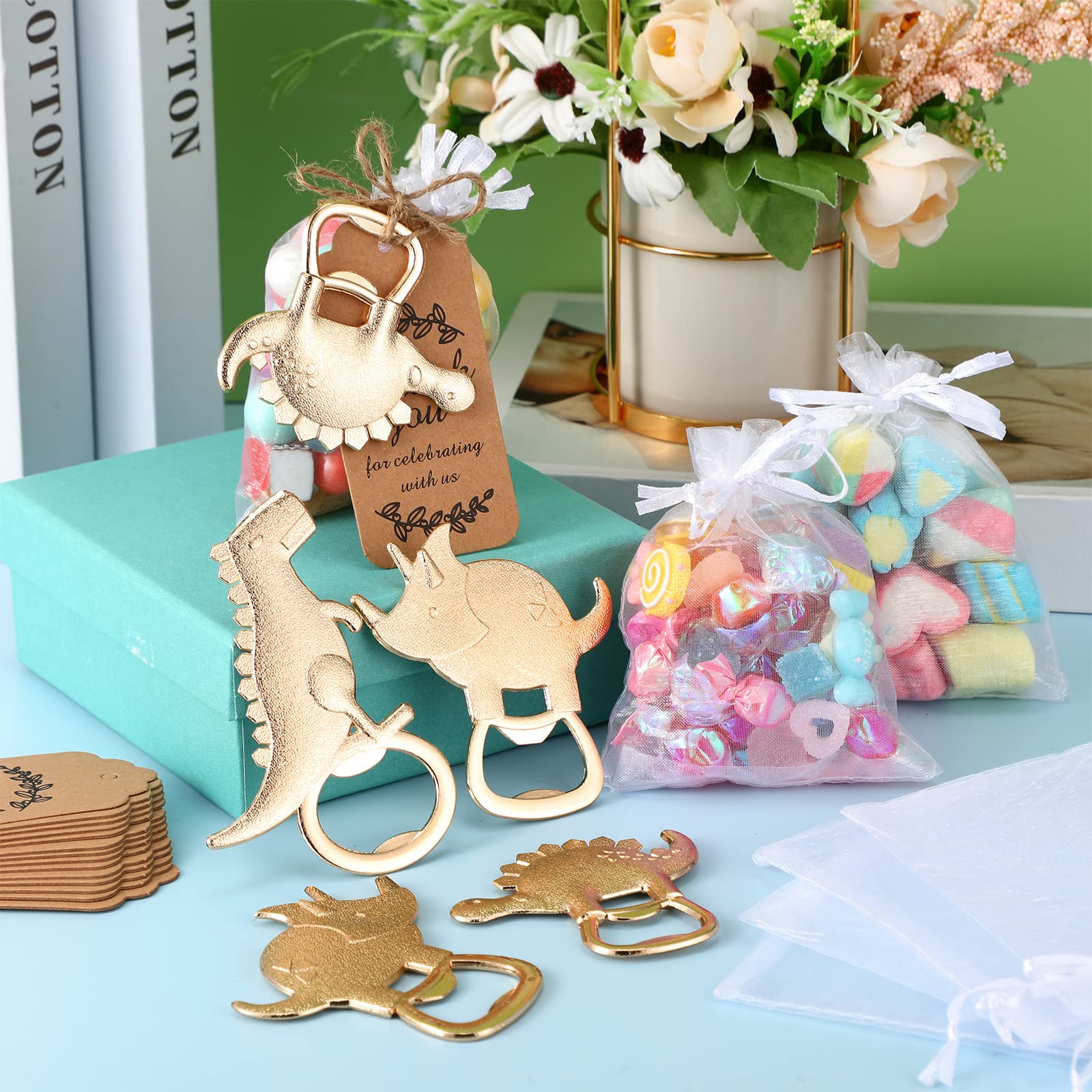 30 Pcs Dinosaur Bottle Openers Baby Shower Return Favors for Guests Bottle Opener Decorations and Souvenirs with Organza Bags Thank You Tags for Dinosaur Party Favors