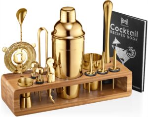 mixology bartender kit: 23-piece bar set cocktail shaker set with stylish bamboo stand | perfect for home bar tools bartender tool kit and martini cocktail shaker for awesome drink mixing (gold)