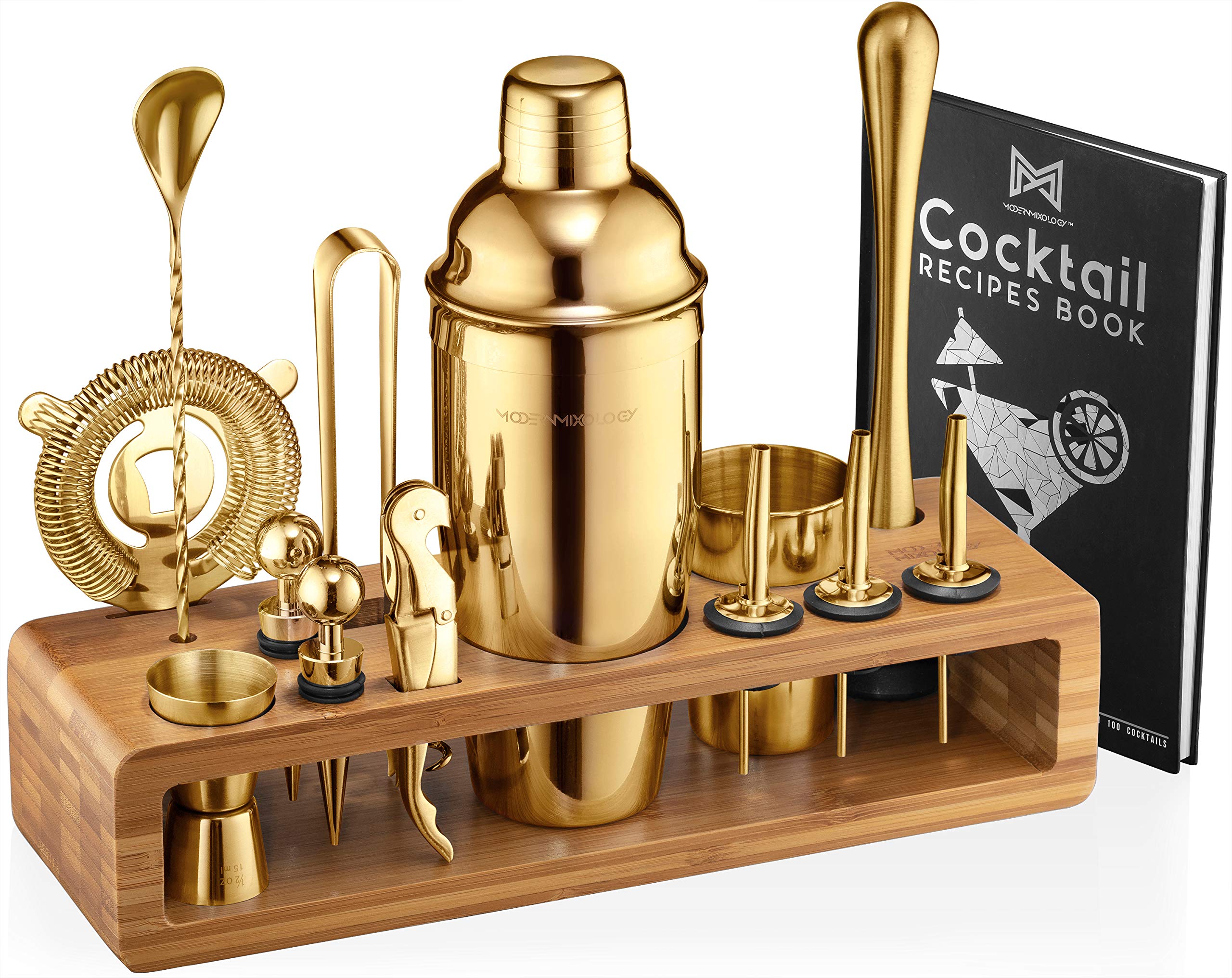 Mixology Bartender Kit: 23-Piece Bar Set Cocktail Shaker Set with Stylish Bamboo Stand | Perfect for Home Bar Tools Bartender Tool Kit and Martini Cocktail Shaker for Awesome Drink Mixing (Gold)