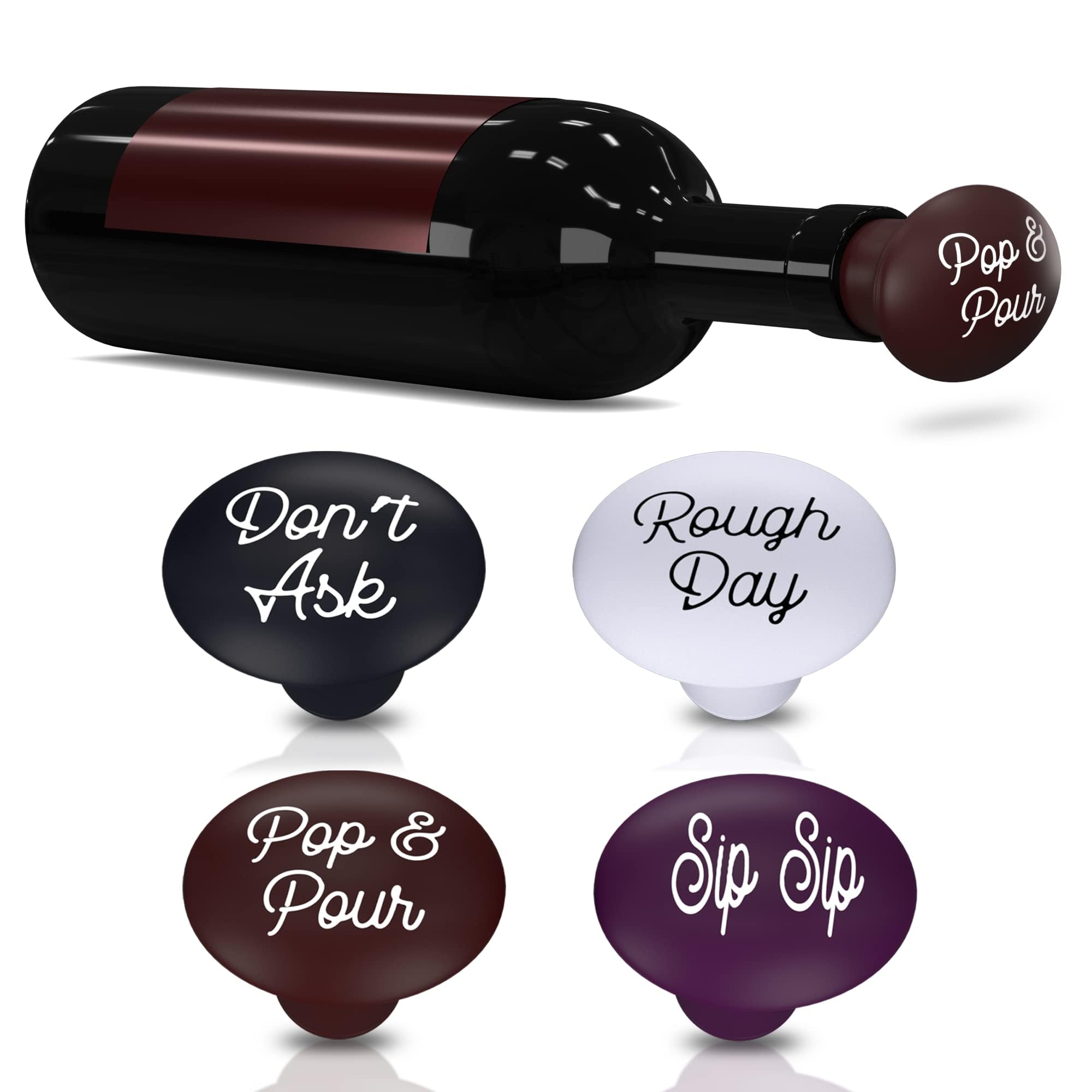 Hint Ov [4 Pack] Wine Bottle Stoppers for Wine, Beer, Liquor Bottle Covers, Leak-Proof, Easy to Use, Dishwasher-Safe, Kitchen Accessories,Silicone,Reusable