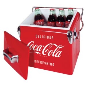 coca-cola retro ice chest cooler with bottle opener 13l (14 qt), 18 can capacity, red and silver, vintage style ice bucket for camping, beach, picnic, rv, bbqs, tailgating, fishing