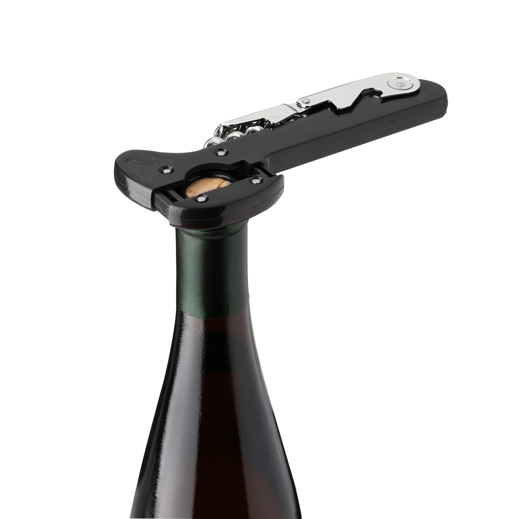 True Recoil Double Hinged Corkscrew Classic Black Wine Key with Extendable 4 Wheel Foil Cutter, Set of 1