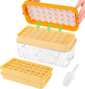 pengke ice cube tray with lid and bin,64 nuggets silicone ice tray with ice bucket,ice cube storage container set with 2 trays for chilled drink, cocktail,whiskey and smoothie,green