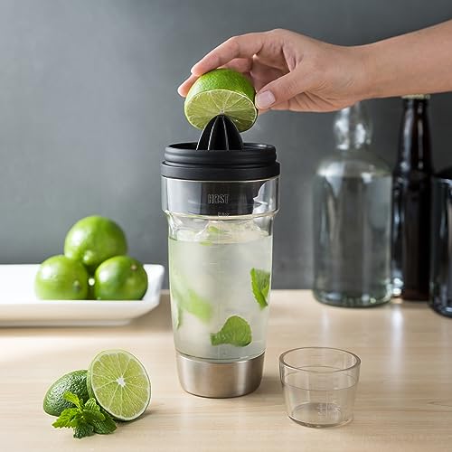 HOST All in One Cocktail Shaker Set | 5 in 1 Tool - Jigger Cap | Strainer | Reamer | Stainless Steel Bottle Opener and Oz and mL Markers 18 oz Capacity - Multitool Bartending Mixer for Drinks