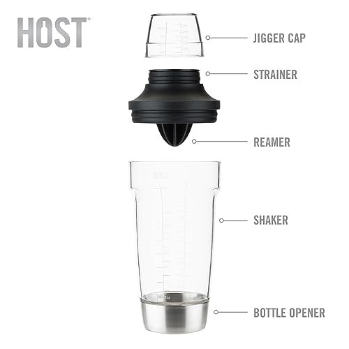 HOST All in One Cocktail Shaker Set | 5 in 1 Tool - Jigger Cap | Strainer | Reamer | Stainless Steel Bottle Opener and Oz and mL Markers 18 oz Capacity - Multitool Bartending Mixer for Drinks