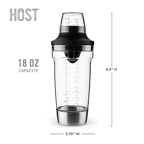 HOST All in One Cocktail Shaker Set | 5 in 1 Tool - Jigger Cap | Strainer | Reamer | Stainless Steel Bottle Opener and Oz and mL Markers 18 oz Capacity - Multitool Bartending Mixer for Drinks