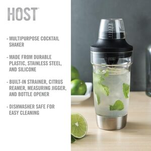 HOST All in One Cocktail Shaker Set | 5 in 1 Tool - Jigger Cap | Strainer | Reamer | Stainless Steel Bottle Opener and Oz and mL Markers 18 oz Capacity - Multitool Bartending Mixer for Drinks