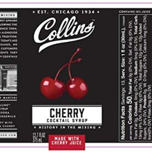 Collins Cherry Syrup, Cherry Simple Syrup, Real Sugar Cocktail Syrups, Soda Water Flavors, Cocktail Mixers, 12.7 Ounces, Set of 1