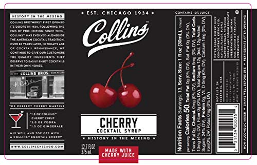 Collins Cherry Syrup, Cherry Simple Syrup, Real Sugar Cocktail Syrups, Soda Water Flavors, Cocktail Mixers, 12.7 Ounces, Set of 1