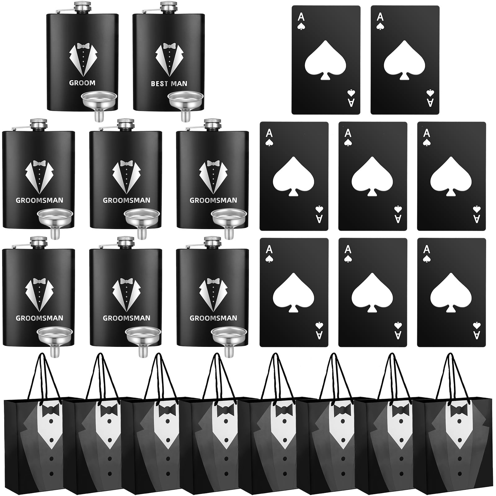 32 Pcs Groomsmen Gifts Set 8 Groomsmen Gift Proposal Bags 8 oz Stainless Steel Tuxedo Hip Flask 8 Groomsmen Gauge Glasses with 8 Poker Card Beer Bottle Opener Cap for Wedding Bachelor Party Favors