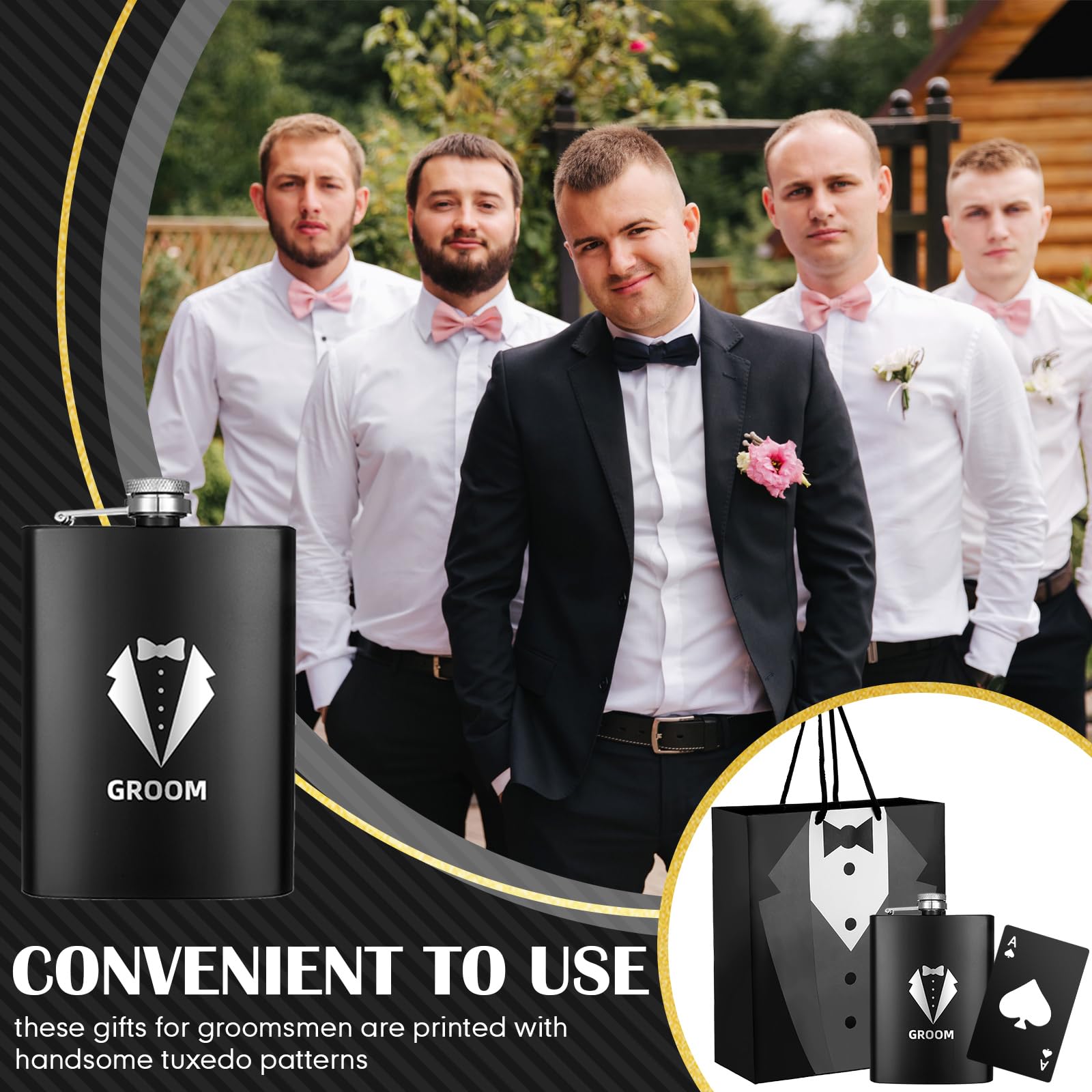 32 Pcs Groomsmen Gifts Set 8 Groomsmen Gift Proposal Bags 8 oz Stainless Steel Tuxedo Hip Flask 8 Groomsmen Gauge Glasses with 8 Poker Card Beer Bottle Opener Cap for Wedding Bachelor Party Favors