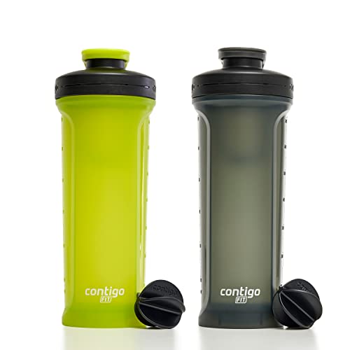 Contigo Fit Shake & Go 2.0 Shaker Bottle with Leak-Proof Lid, 28oz Gym Water Bottle with Whisk and Carabiner Handle, Dishwasher Safe Mixer Bottle, 2-Pack Bolt & Sake, Yellow and Black