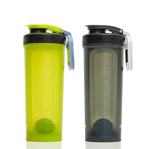 Contigo Fit Shake & Go 2.0 Shaker Bottle with Leak-Proof Lid, 28oz Gym Water Bottle with Whisk and Carabiner Handle, Dishwasher Safe Mixer Bottle, 2-Pack Bolt & Sake, Yellow and Black