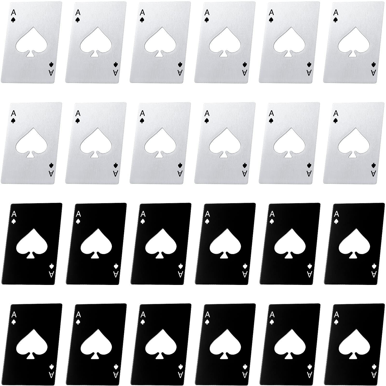 Poker Card Bottle Openers Stainless Steel Can Openers Beer Opener Ace Card Bottle Cap Openers Poker Cap Openers for Wedding Birthday Party Bridal Shower Table Tools Supplies (Silver, Black,24 Pieces)