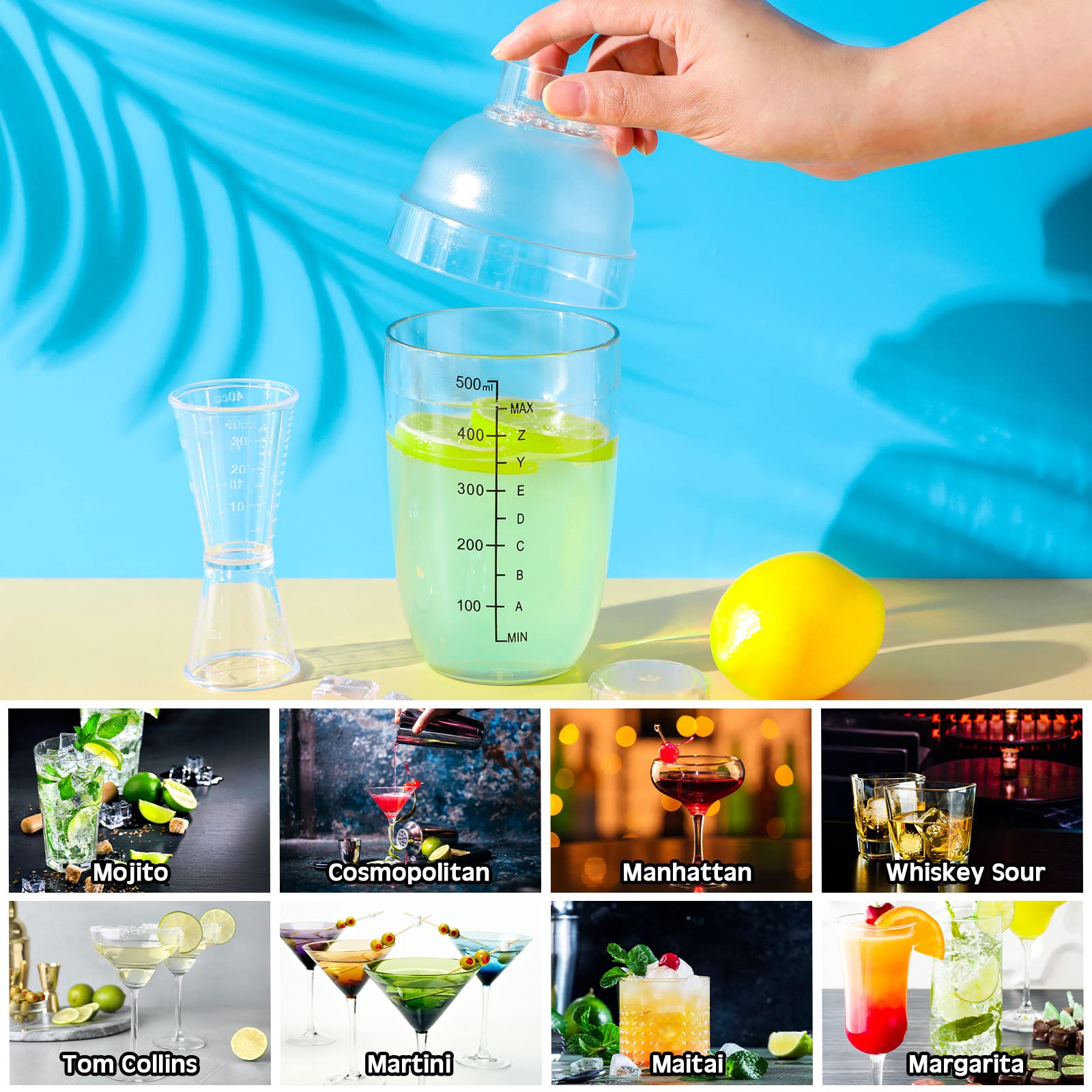 7 Pcs Plastic Cocktail Shaker Set Drink Mixer with Mark Clear Drink Shaker Cocktail Shaker and Measuring Jigger Set Ounce Cup Clear Bar Set for Bar Party Home Use Wine Shaker Bar Mixing Tool