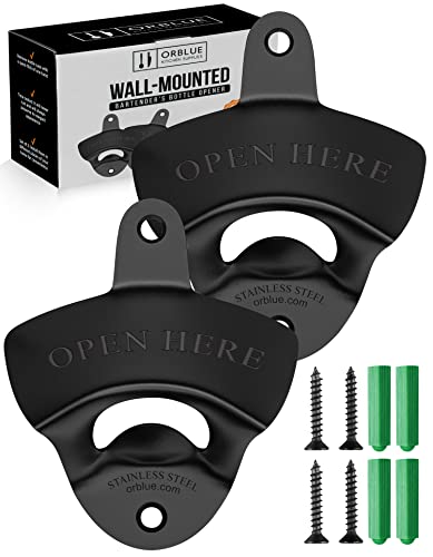 ORBLUE Wall-Mounted Bottle Openers - Stainless Steel, Mountable Beverage, Beer, Soda Caps Remover - Mounting Hardware Included, 2-Pack, Black