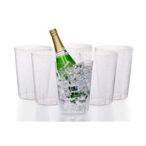 Exquisite 6 Pack Of 96 Ounce Disposable Gold Glitter Clear Plastic Ice Bucket For Parties - Good As One Large Champagne Chiller Or Classic Wine Bottle Chiller