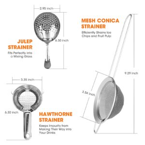 Cocktail Strainer-Stainless Steel Bar Tools Bartender Cocktail Strainer Set:Hawthorne Strainer,Julep Strainer and Conical Fine Mesh Strainer