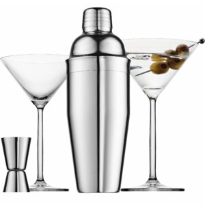 godinger cocktail shaker set and martini glasses bar set, stainless martini shaker with stemmed cocktail glasses and double jigger, 4 piece gift set