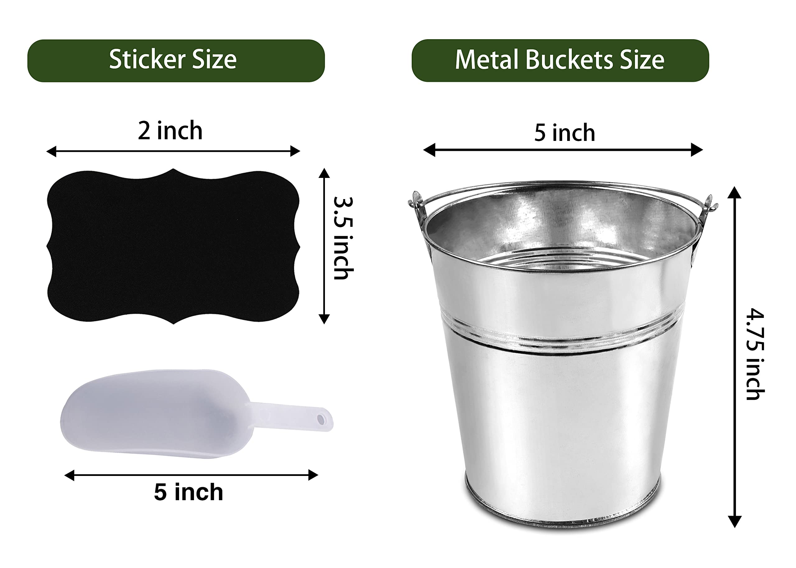 6 Metal Buckets With Chalkboard Stickers And Plastic Kitchen Scoops, Small Galvanized Buckets ,For Birthday, Wedding Party, Garden Planters , Party Supplies,Decorations ,5 Inch Tin Buckets - (tie 6)