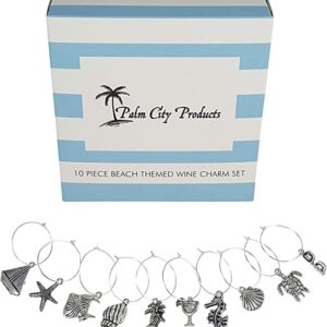 Palm City Products 10 Piece Beach Themed Wine Charm Set - Nautical Stemmed Wine Glass Charms