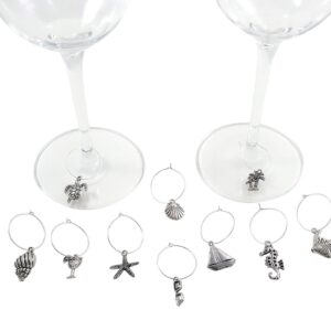 Palm City Products 10 Piece Beach Themed Wine Charm Set - Nautical Stemmed Wine Glass Charms