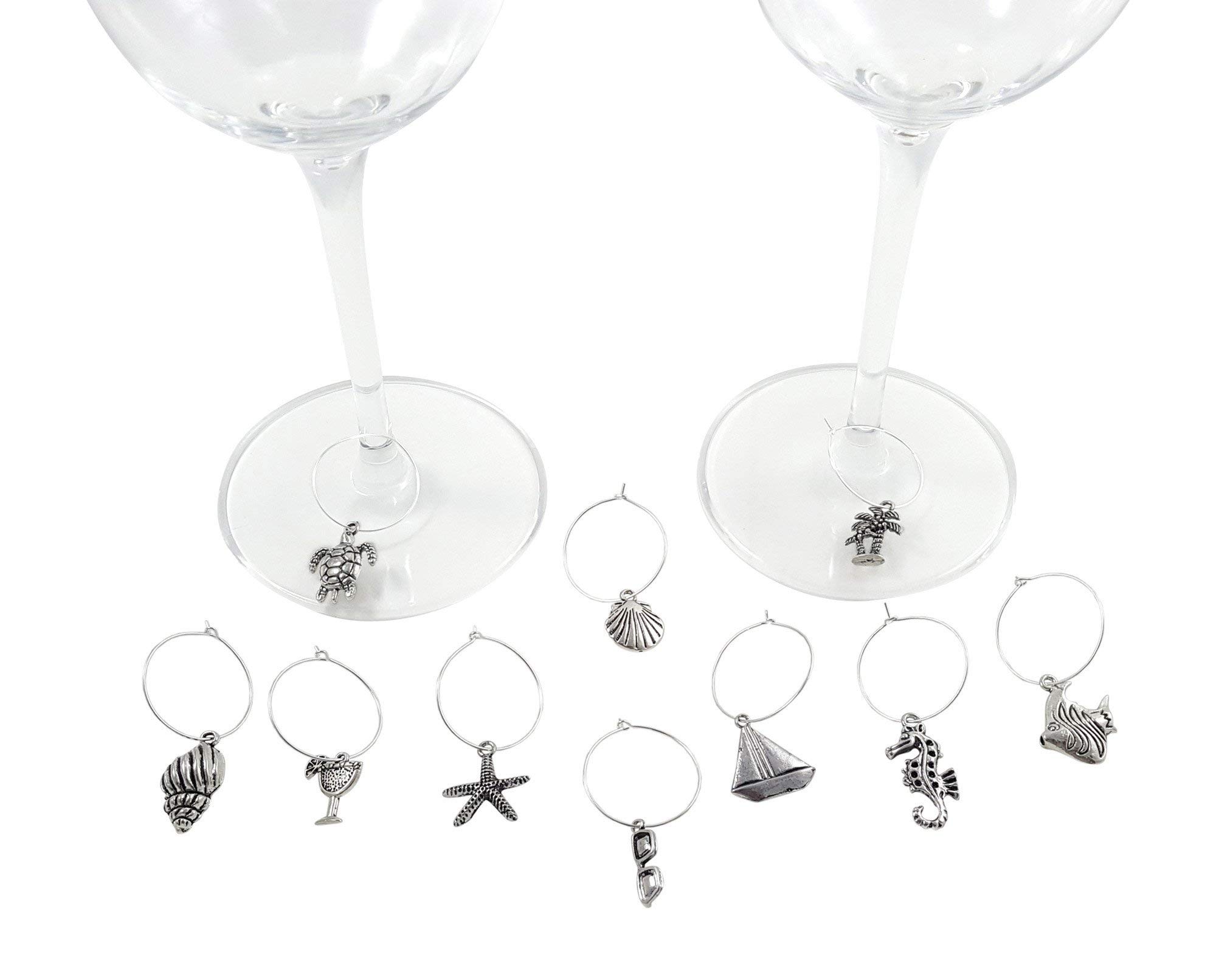 Palm City Products 10 Piece Beach Themed Wine Charm Set - Nautical Stemmed Wine Glass Charms