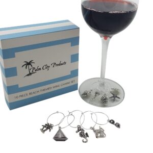 Palm City Products 10 Piece Beach Themed Wine Charm Set - Nautical Stemmed Wine Glass Charms