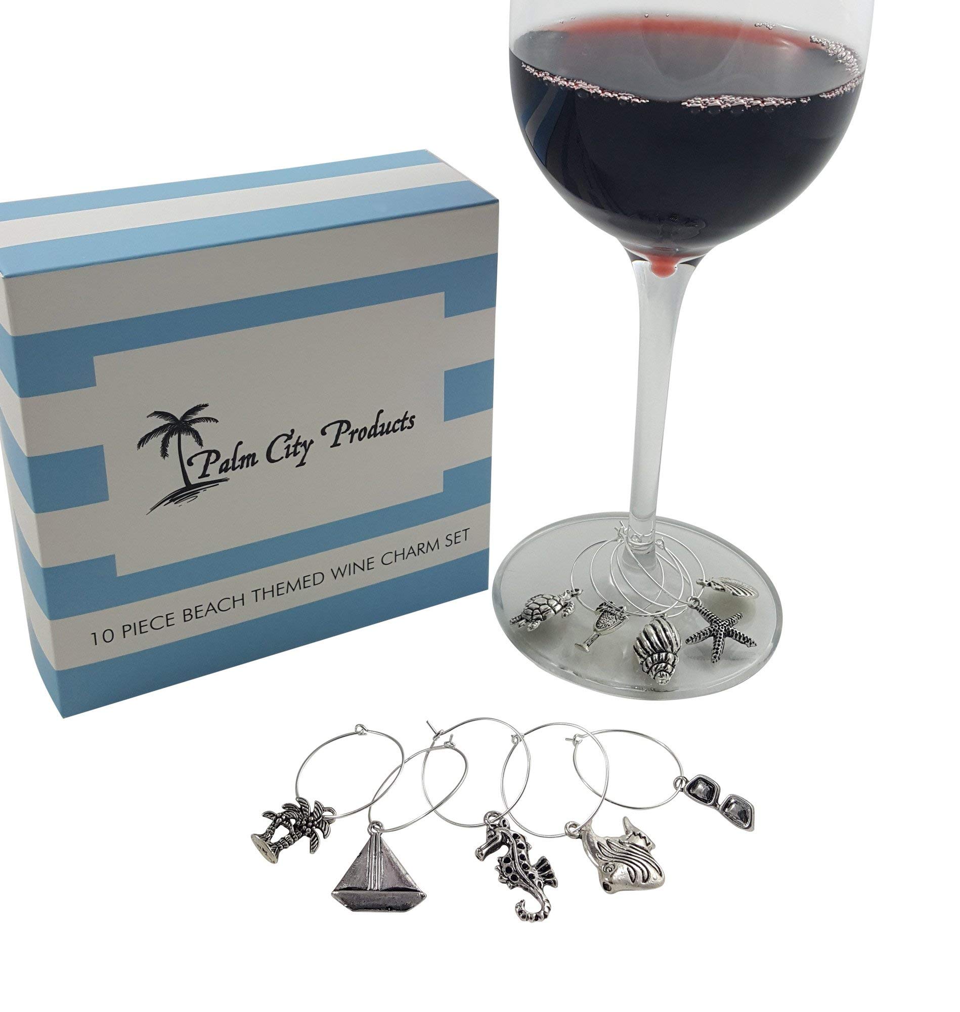 Palm City Products 10 Piece Beach Themed Wine Charm Set - Nautical Stemmed Wine Glass Charms