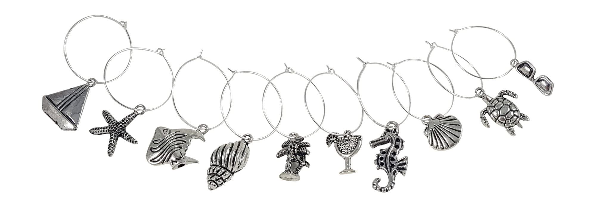 Palm City Products 10 Piece Beach Themed Wine Charm Set - Nautical Stemmed Wine Glass Charms