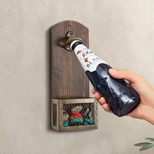 Bottle Opener, SODUKU Vintage Wooden Wall Mounted Bottle Opener with Cap Catcher Beer Bottle Can Opener Tool for Home Kitchen Bar Coffee Shop