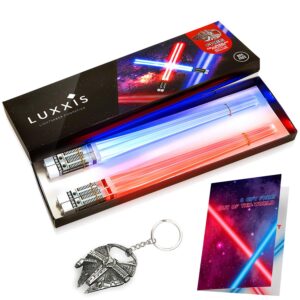 luxxis lightsaber chopsticks light up glowing chop sticks for star wars gifts set theme party fun [2 pair – red and blue set] with bottle opener and gift ready postcard