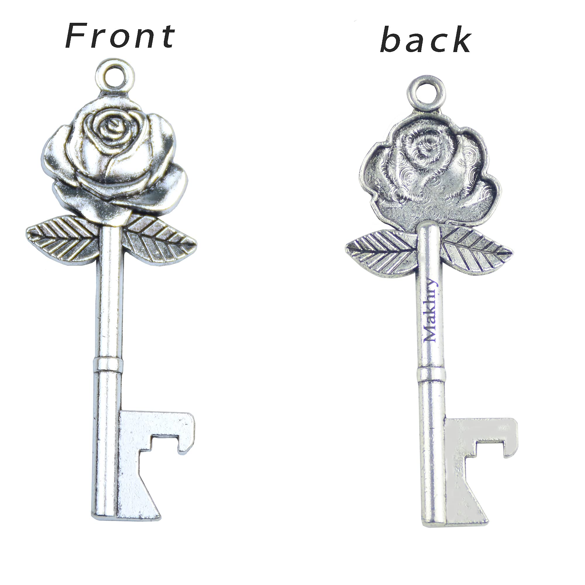 Makhry 50 Set Skeleton Rose Key Bottle Openers with Candy Box In Antique Vintage Style Escort Tags French Ribbon As A Gift Souvenir At Wedding Party Supplies (Antique Silver)