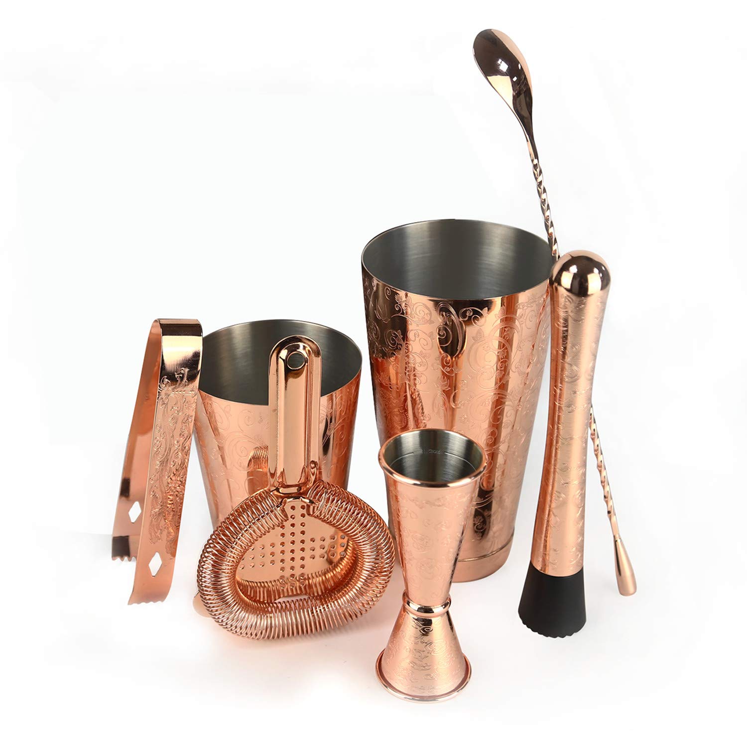 SKY FISH Bartender Kit Cocktail Shaker Set-6 Pieces Stainless Steel Copper Plated Etching Bar Tools with Boston Shaker Tins,Mixing Spoon,Mojito Muddler,Jigger,Hawthorne Strainer,Ice Tongs