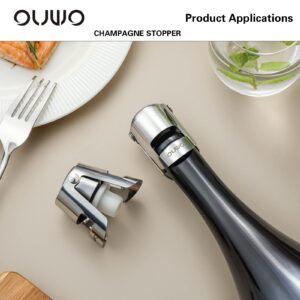 OUWO Champagne Stopper 6 Pack Stainless Steel Champagne Save with Food Grade Silicone，Leak-Proof Bubble Retaining Saver，Suitable for Champagne Prosecco Cava and Sparkling (Silver)