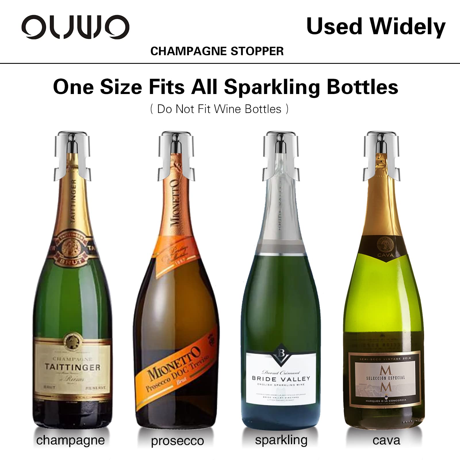 OUWO Champagne Stopper 6 Pack Stainless Steel Champagne Save with Food Grade Silicone，Leak-Proof Bubble Retaining Saver，Suitable for Champagne Prosecco Cava and Sparkling (Silver)